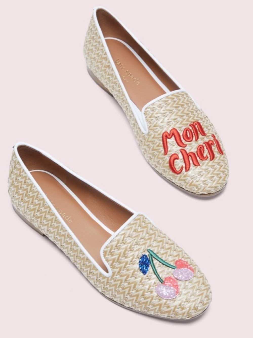 Kate Spade Lounge Cherries Mon Cheri Raffia Leather Loafer Flats Size 6.5